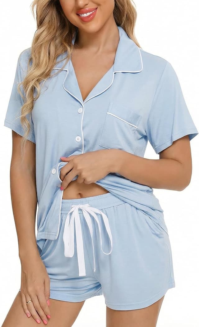 Detalle de Leikar Women’s Button Down Pajama Sets with Chest Pocket & Drawstring Shorts