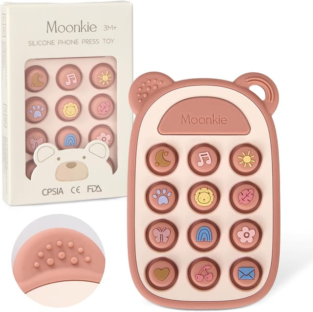 Detalle de Moonkie Silicone Phone Press Teether (Blush) — BPA-free teething toy for 3 months+