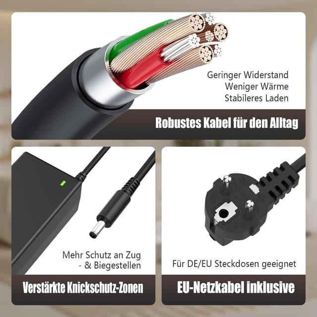 Detalle de 65-W-Laptop-Ladekabel (Netzteil) für Dell – kompatibel u. a. mit Inspiron & Latitude (19,5 V, 65 W max)