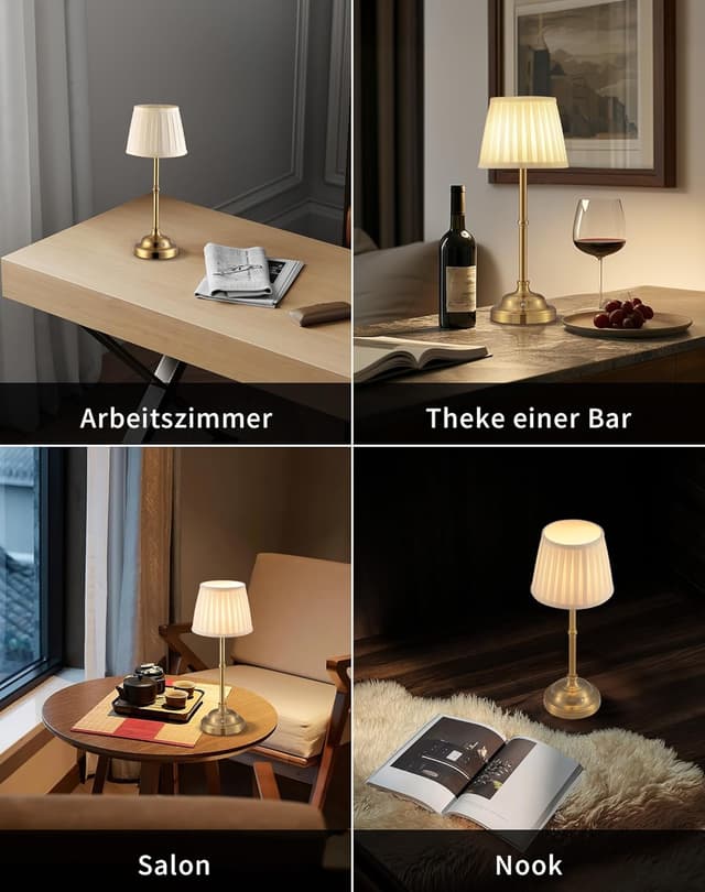 Detalle 2 de VISDANFO kabellose LED-Tischlampe im 2er-Set (dimmbar, Akku 4.000 mAh) in Vintage-Optik – Gold + Beige
