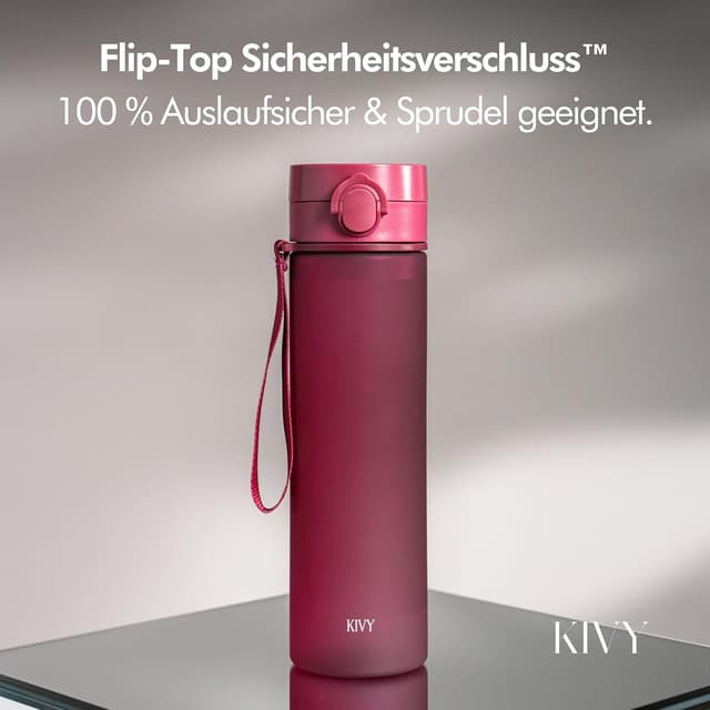 Detalle de KIVY Tritan Trinkflasche 1 l – kohlensäuregeeignet, auslaufsicher & auslaufsicheres Flip-Top-Deckel-System