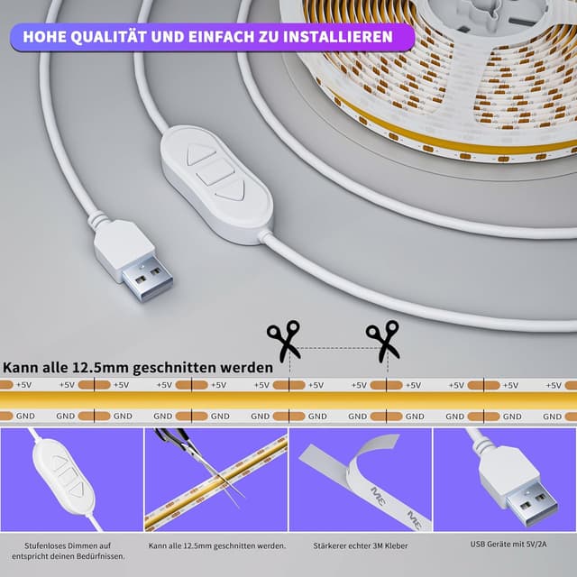 Detalle 2 de OULARA USB COB LED Streifen 5V (4000K, 3 m) dimmbar mit Speicherfunktion – warmweiß/natürliches Weiß
