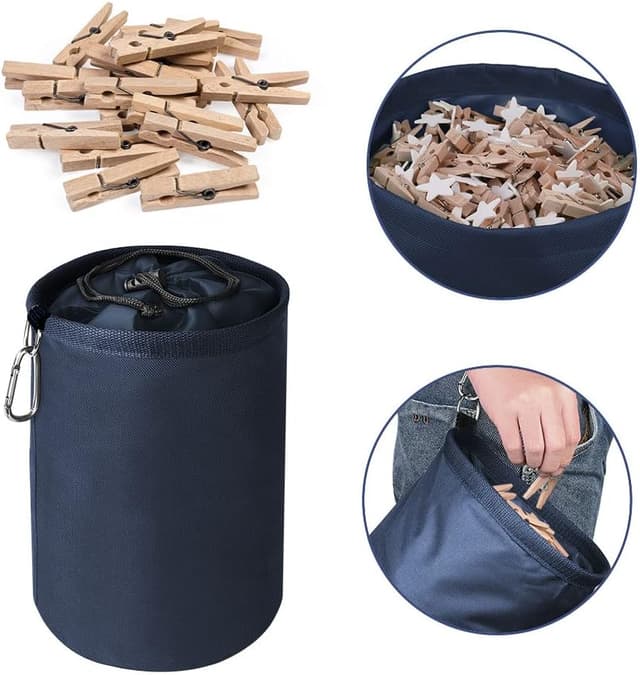 Detalle de Vicloon Borsa per mollette con gancio e chiusura a cordoncino, capacità fino a 200 mollette (blu navy)