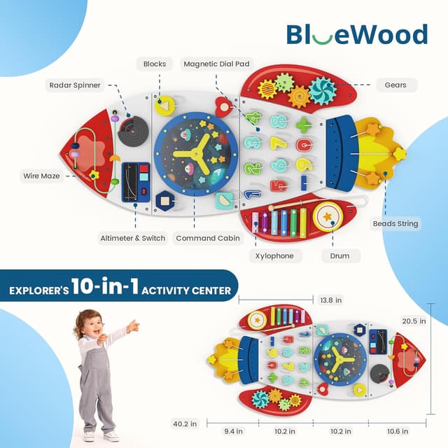 Detalle de BlueWood Wooden Wall Busy Board Panels (Rocket) — Montessori-inspired toddler learning activity center