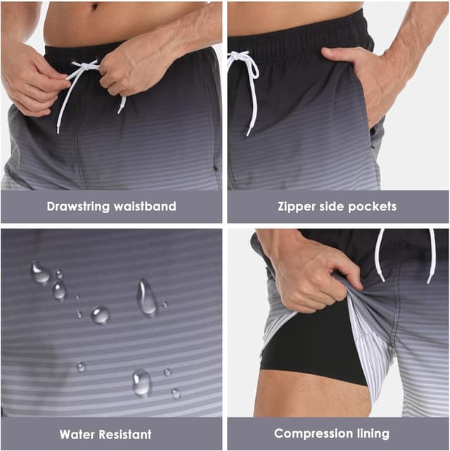 Detalle 2 de Kfnire Costume da bagno uomo a rapido asciugatura 2 in 1 con fodera a compressione e tasche con cerniera