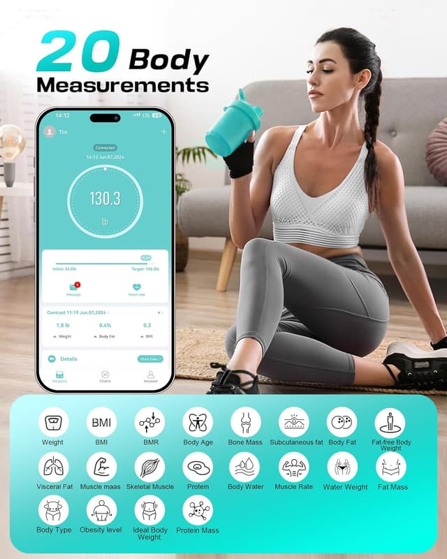Detalle de Body Fat Scales with 4-Electrode BIA (180kg) + Fitdays App — Smart Bathroom Scales for BMI, Visceral Fat & More