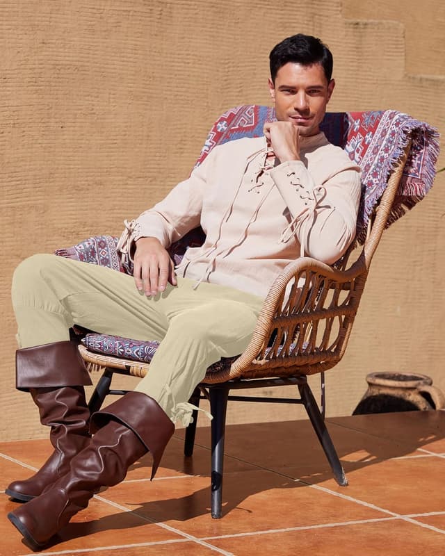 Detalle de YAOBAOLE Leinenhose Herren – Mittelalter/Wikinger-Renaissance Piratenhose mit elastischem Bund und Taschen