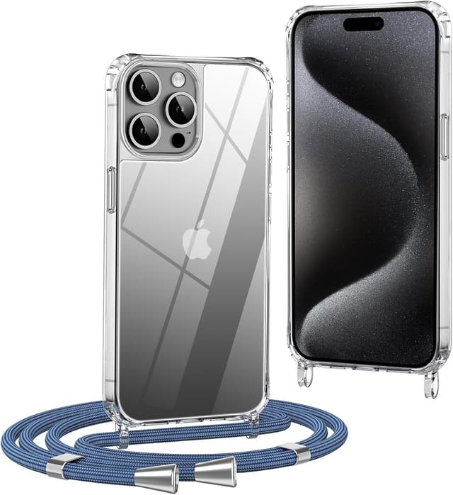 Detalle de OLEPHY Cover trasparente con cordino per iPhone 15 Pro Max 6,7" con tracolla regolabile antiurto e anti-graffio, blu