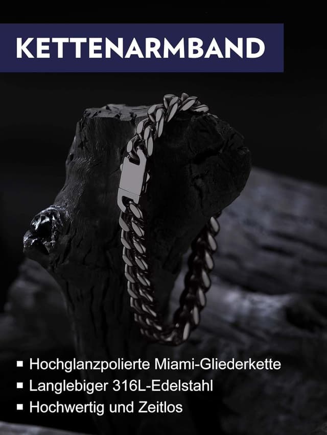 Detalle de Bandmax Panzerarmband Herren aus 316L-Edelstahl, 9 mm Miami/„Kubanische“ Kettengliederarmband – schwarz