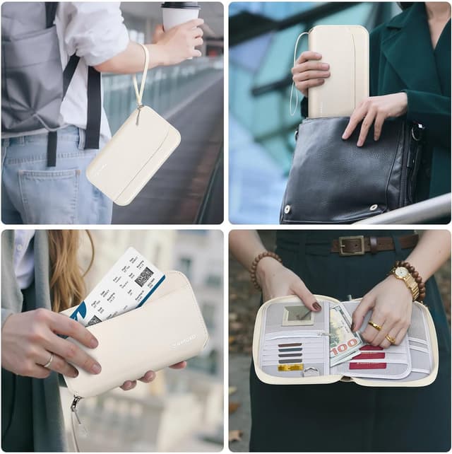 Thumbnail 6 de MoKo Family Passport Holder Travel Wallet (for 4/5 passports) with RFID blocking, wrist strap and storage for tickets, cards & cash – Beige