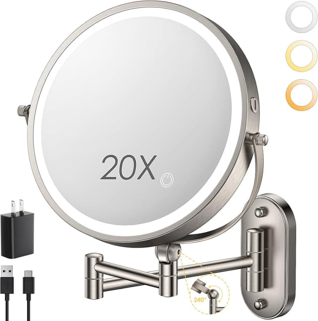 Detalle de ZLOKLA 9-inch Wall Mounted Lighted Makeup Mirror with 1X/20X Magnification and Rechargeable 4000mAh Battery