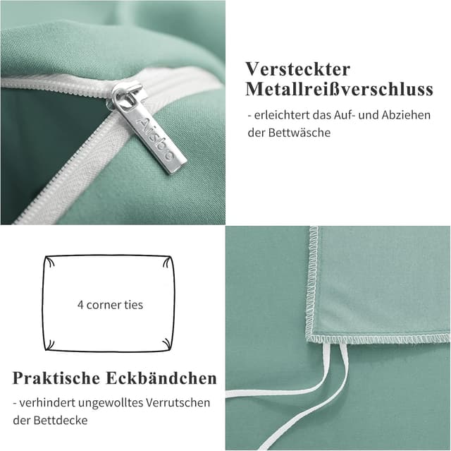Detalle de Aisbo Bettwäsche 135x200 4-teilig Salbei/Grün aus Mikrofaser mit Reißverschluss (ÖKO-TEX), Kissen 80x80