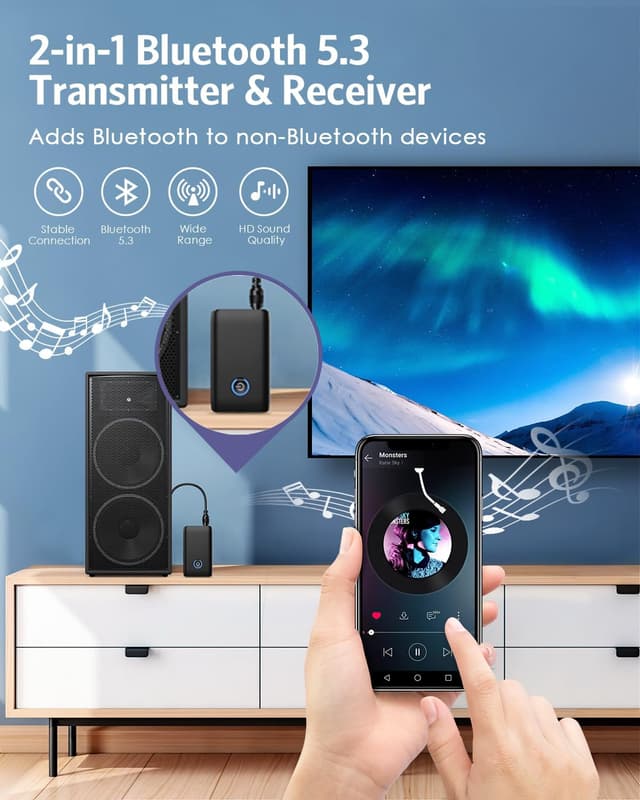 Detalle 2 de OQIMAX Bluetooth 5.3 audio adapter — 2‑in‑1 for TV