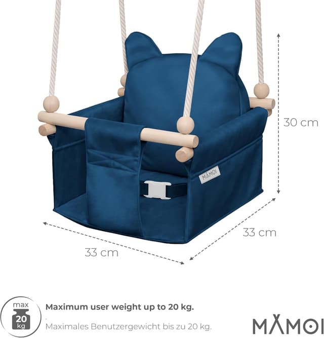 Detalle de Balançoire intérieure MAMOI avec ceinture de sécurité, hauteur réglable 150–190 cm et siège en velours