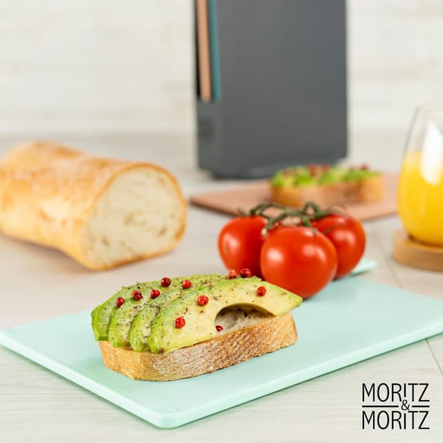 Detalle de Moritz & Moritz Set aus 4 Frühstücksbrettchen mit Ständer (20,5 x 14,5 cm) – spülmaschinenfest, bunte Schneidebretter aus Kunststoff