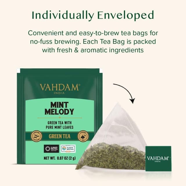 Detalle 2 de Vahdam Mint Melody Té Verde 🌿 30 Bolsitas, Natural, India