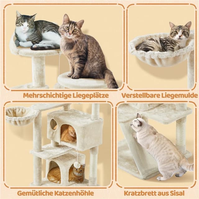 Detalle de Yaheetech Kratzbaum 145 cm mit 2 Katzenhöhlen und 3 Aussichtsplattformen (beige)