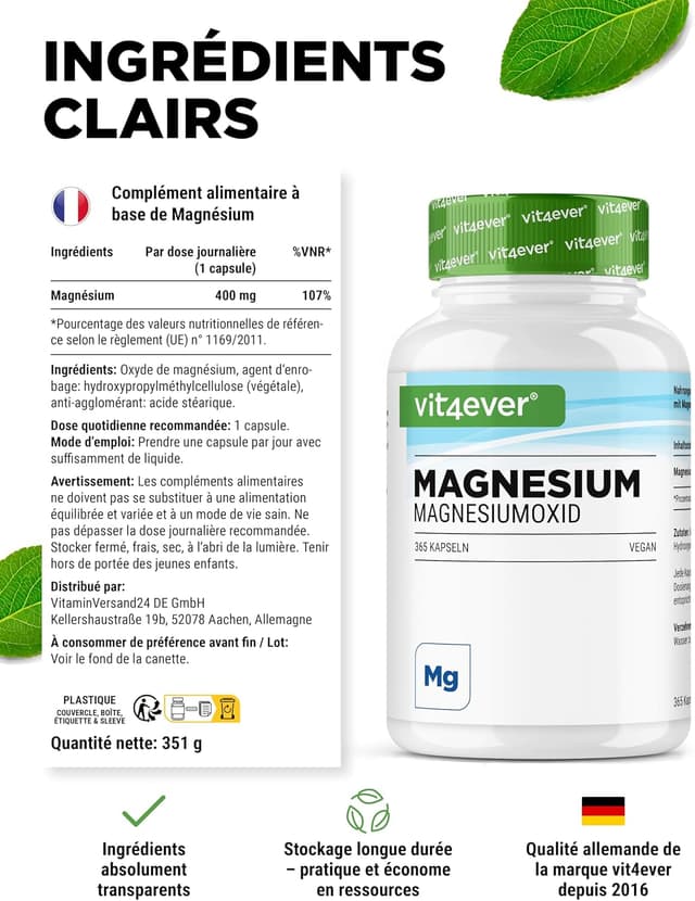 Detalle de Vit4ever Magnésium à haute dose – 365 gélules (réserve annuelle) : 400 mg de magnésium élémentaire