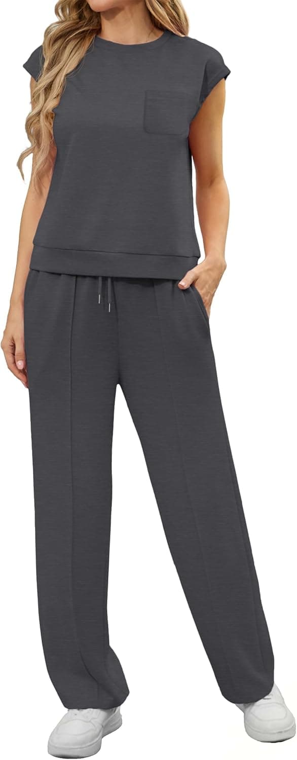 Detalle de GRECERELLE two-piece summer lounge set for women: crew neck cap sleeve top and pocket joggers