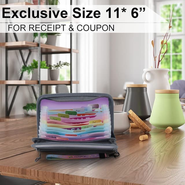 Detalle de Nafy Small Accordion File Organiser (A6, 13 pockets) with Zipper – Lilac receipt, coupon and bill wallet