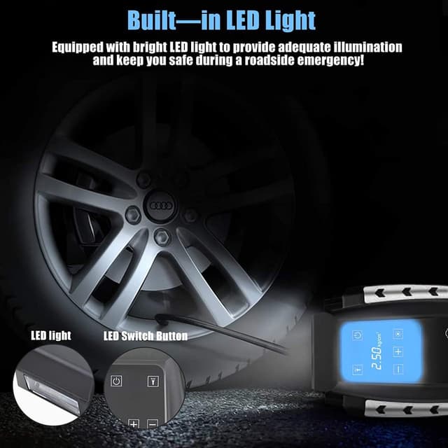 Detalle de 12V Luftkompressor für Autos: digitaler Reifenfüller mit Touchscreen und LED-Lampe (150 PSI, 3 m Kabel)