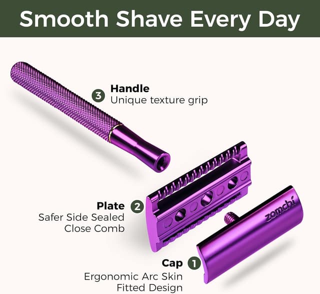 Detalle 2 de ZOMCHI Rasoir de sécurité double tranchant violet avec support + 10 lames