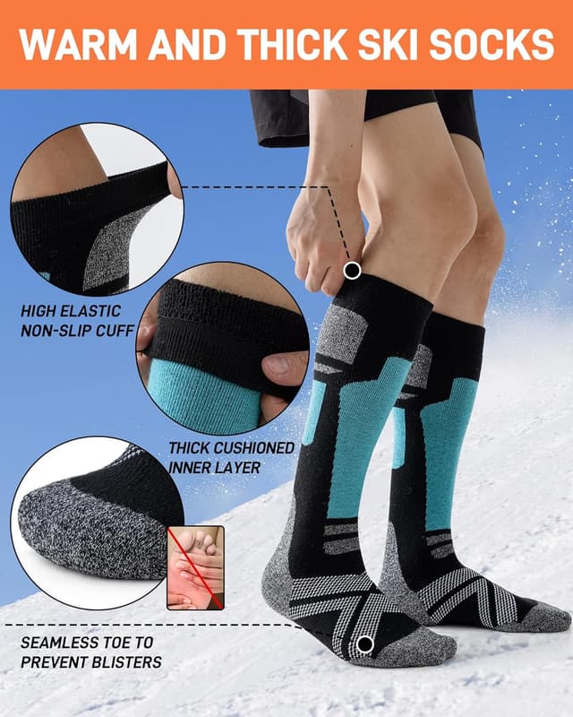 Detalle de Niorasen Merino Wool Ski Socks for Men & Unisex (2 Pairs) – Thermal Knee-High Cushion for Winter Skiing & Outdoors