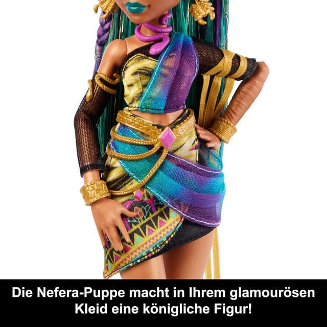 Detalle de Monster High Nefera De Nile Puppe „Königsmumie“ im Kleid mit Haustier Lavish und 7 Zubehörteilen (JDR48)