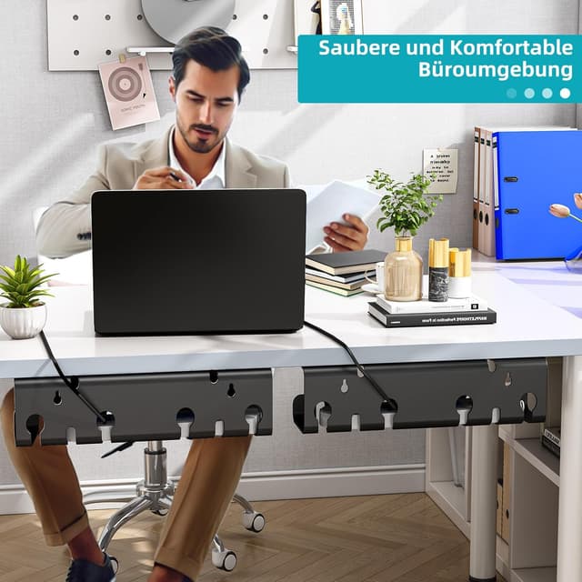 Detalle de StowBin StowBin Kabelkanal fürs Schreibtisch-Kabelmanagement (Edelstahl) – 2er-Set schwarz, inkl. Zubehör