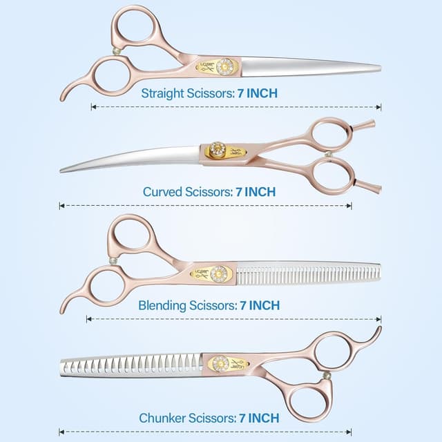 Detalle de Set di forbici professionali JASON 6 in 1 per toelettatura cane e gatto, oro rosa