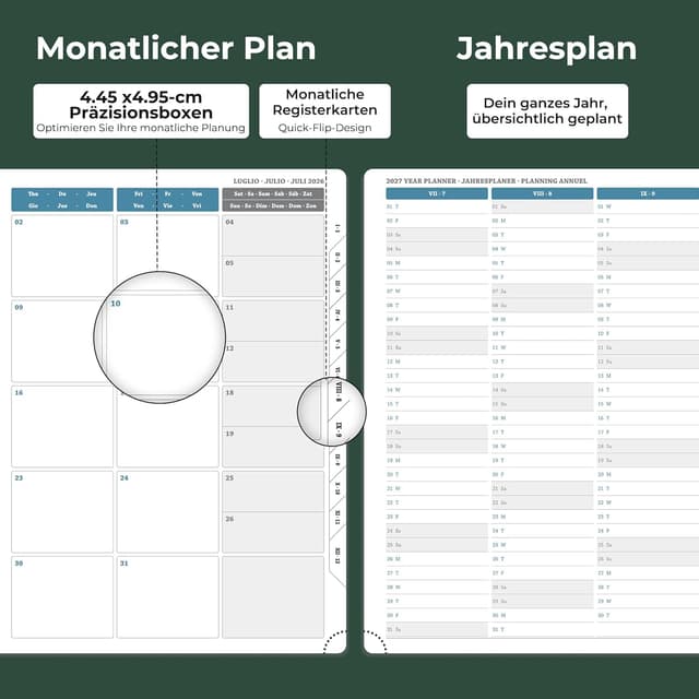 Detalle 2 de IN-LUXPRO Kalender 2026/2027 Wochenplaner (18 Monate) A4 Quergrün mit Notizseiten