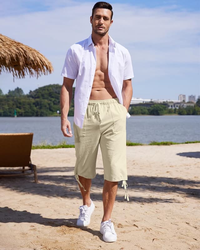 Detalle 2 de LVCBL Short en lin pour homme 3/4 : décontracté pour la plage, le yoga et le jogging