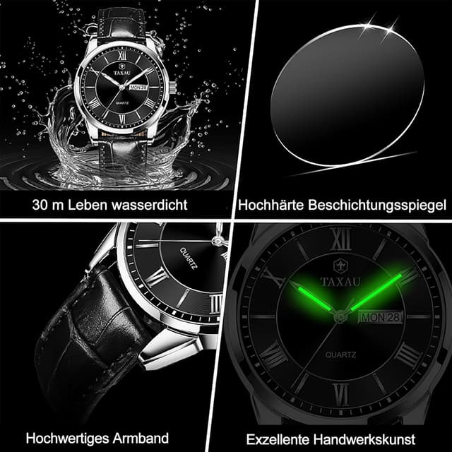 Detalle 2 de Taxau Klassische Herren-Lederuhr mit Quarzwerk, analogem Zifferblatt und Datums-/Wochentagsanzeige
