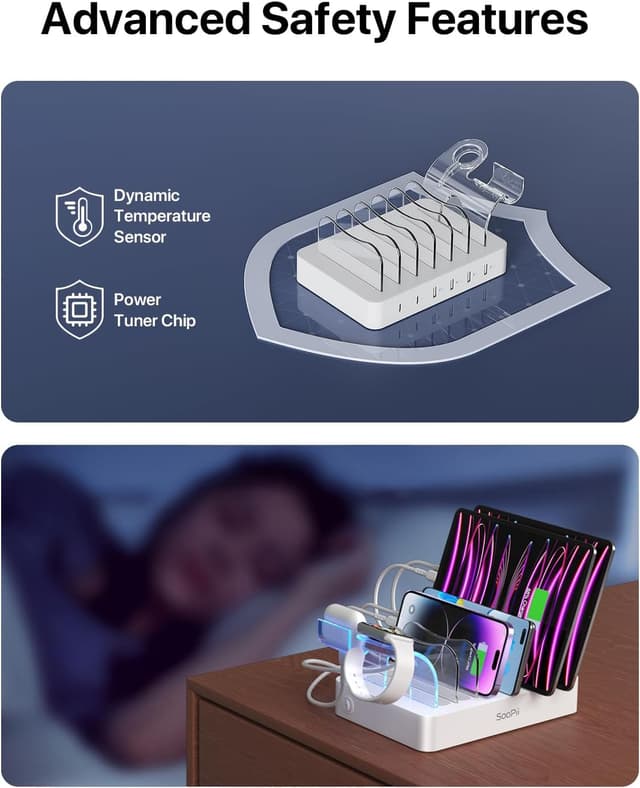 Detalle de SooPii 6-Port USB Charging Station Organiser (50W) with Cable Set and i-Watch/AirPods Holder, White