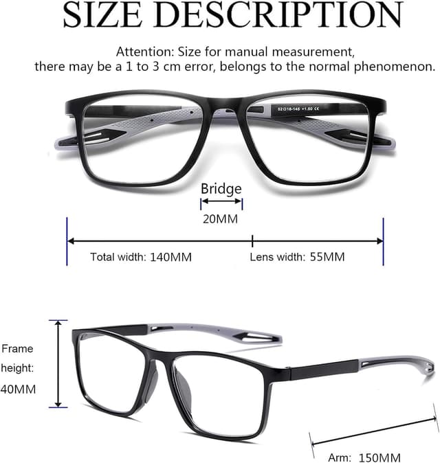 Detalle de Hubeye TR90 Sports Reading Glasses with Blue Light Blocking Lenses (Square, Flexible Fit)