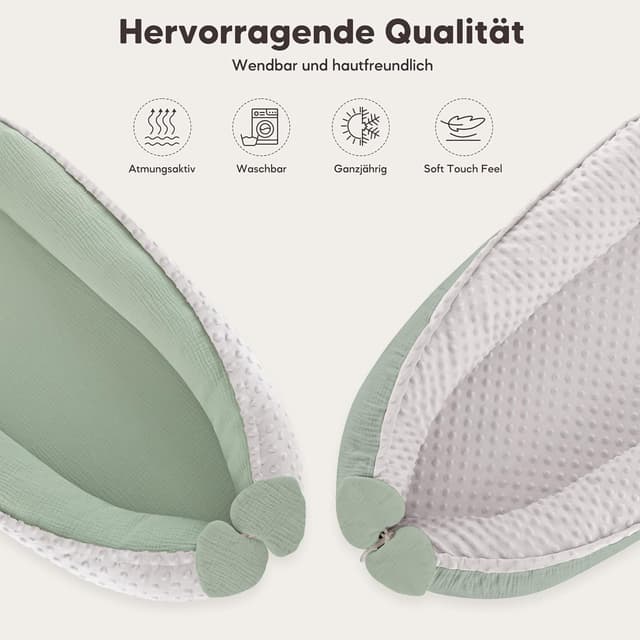 Detalle 2 de Bearmoss Babynestchen Kuschelnest für Neugeborene (90x55 cm, grün) – weiches & atmungsaktives Nest für unterwegs