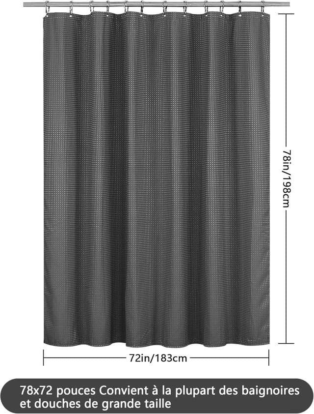 Thumbnail 6 de FIISAYL rideau de douche/baignoire en polyester gaufré 183 x 198 cm gris foncé avec 12 crochets