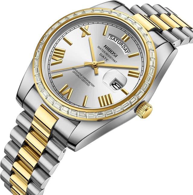 Detalle de NIBOSI Orologio da uomo analogico al quarzo con lunetta con diamanti, quadrante con giorno/data e impermeabilità 3 ATM