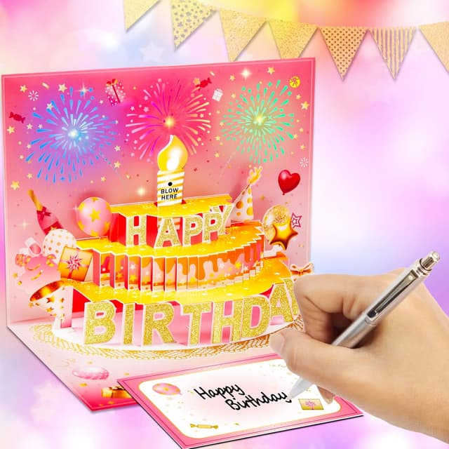 Detalle de 3D Pop Up Birthday Card with Lights and Sound – LED Blow-Out Candle, Music and Firework Effects