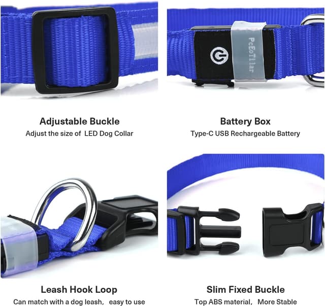 Detalle de PcEoTllar Light Up Rechargeable Dog Collar (Blue, 9 Modes) – Waterproof LED for Small to Large Dogs