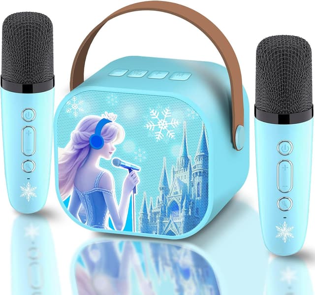 Detalle de CINKOLA Kids Frozen karaoke machine with 2 wireless microphones (Bluetooth, LED lights, voice effects)