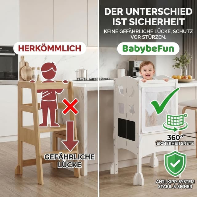 Detalle de BabybeFun Lernturm ab 1 Jahr (klappbar) mit 360° Sicherheitsnetz & Anti-Kipp-Schutz
