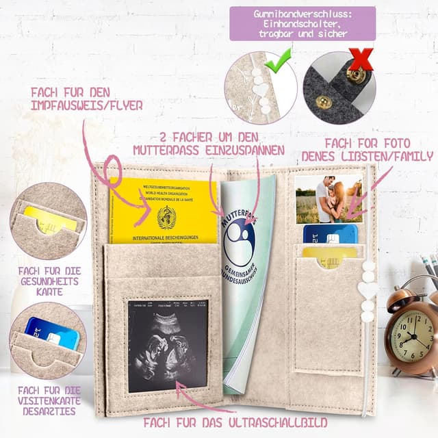 Detalle 2 de Marvelights Mutterpasshülle Filz für Mutterpass und Impfpass – Geschenk