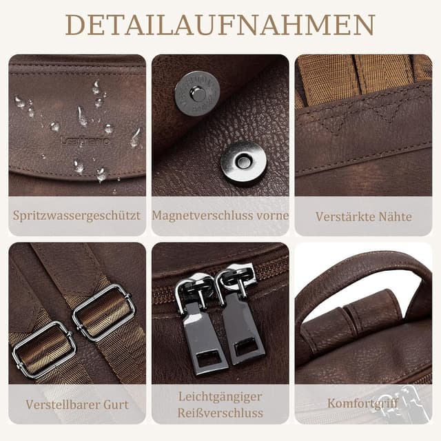 Detalle 2 de LEASOUL Damen Rucksack-Set wasserfest mit Diebstahlschutz & veganem Leder – Cityrucksack mit Handgelenktasche