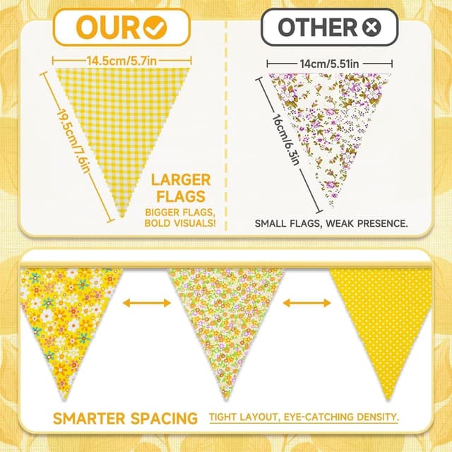 Detalle de Alintor Floral Bunting (Yellow) – 45 flags fabric vintage Easter banner for garden parties