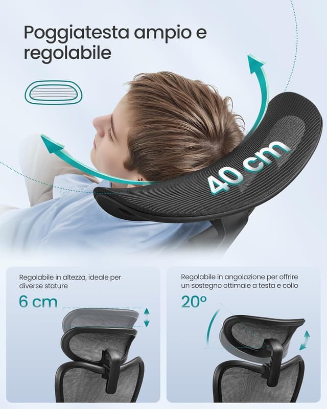 Thumbnail 6 de Sedia da ufficio ergonomica SONGMICS OBN066BH01 con supporto lombare e poggiatesta regolabili, portata fino a 150 kg