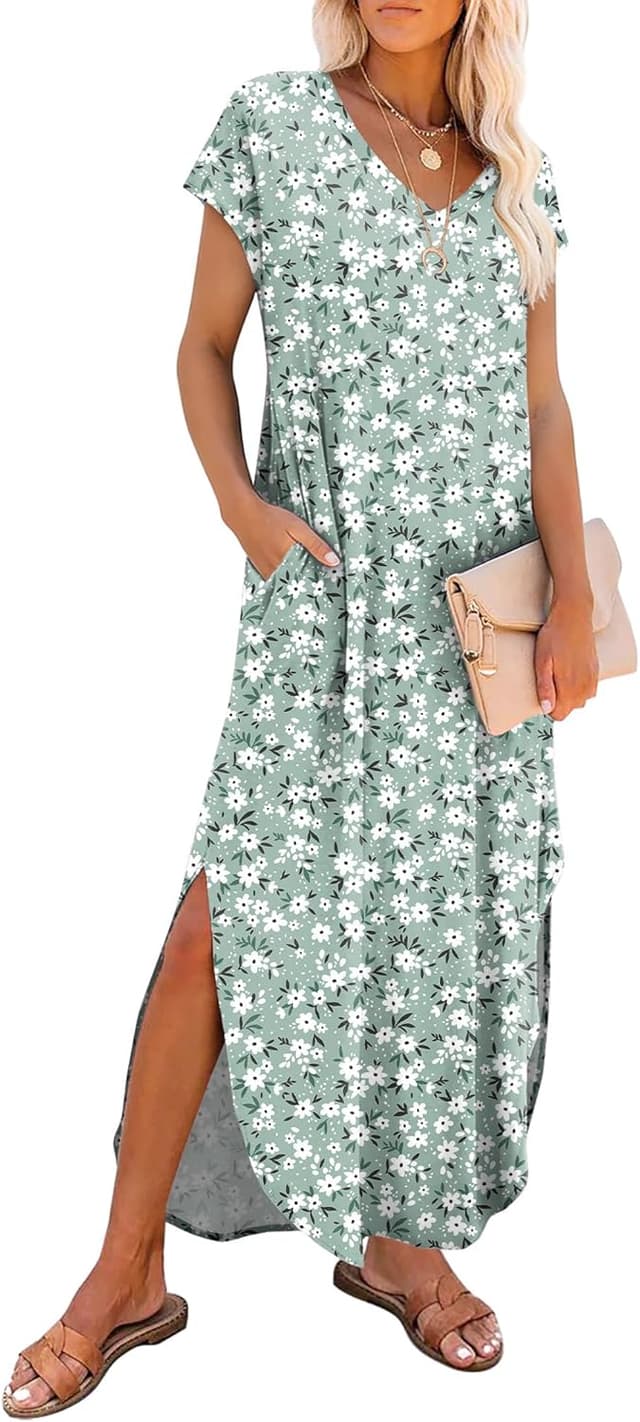 Detalle de RUMIA Women’s V-Neck Cap Sleeve Maxi Dress with Pockets