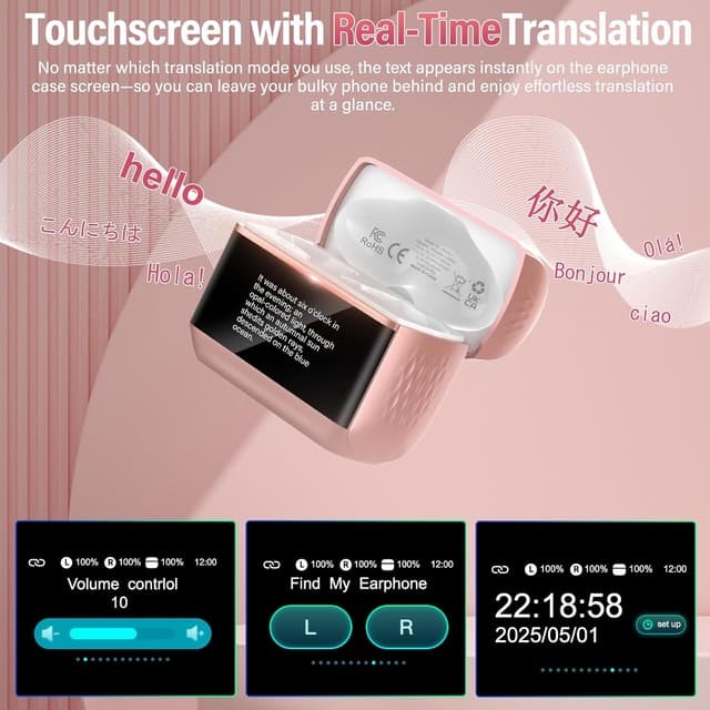 Detalle de ZYHKON AI Écouteur Traducteur instantané 164 langues (ANC/ENC) rose – écran tactile LED, appels & musique
