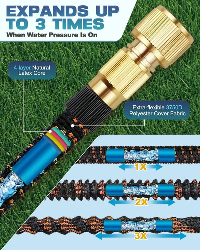 Detalle de Expandable Garden Hose Pipe 150FT/45M with 10-Pattern Spray Nozzle (Expandable 4-layer latex core, 1/2" & 3/4" connectors)