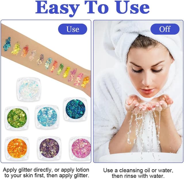 Detalle de AOOWU Festival Gel Glitter per viso e corpo, set da 12 gel glitterato